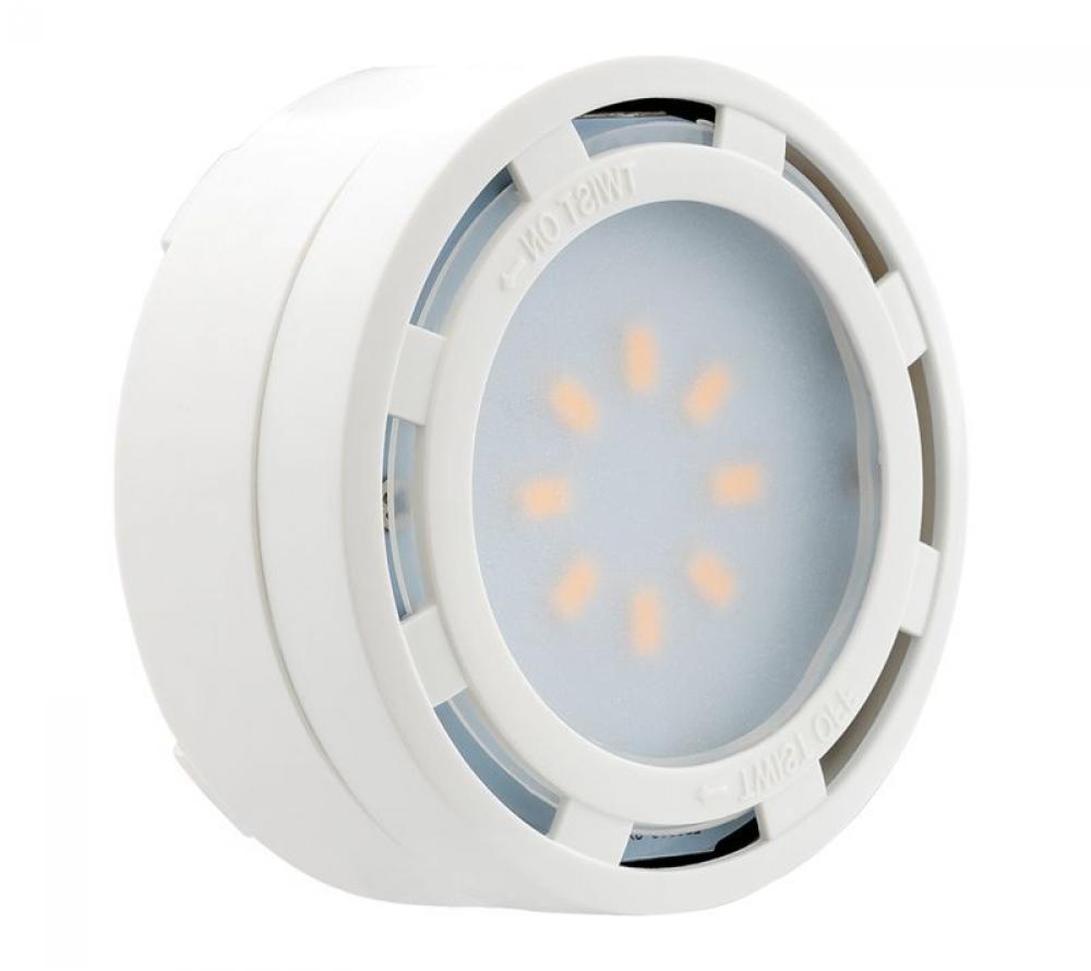 1 LED PUCK LIGHT 4W (8LED CHIPS), 275LUMENS, PLASTIC, 120V, 2 5/8"X1 13/16", WHITE, SURFACE