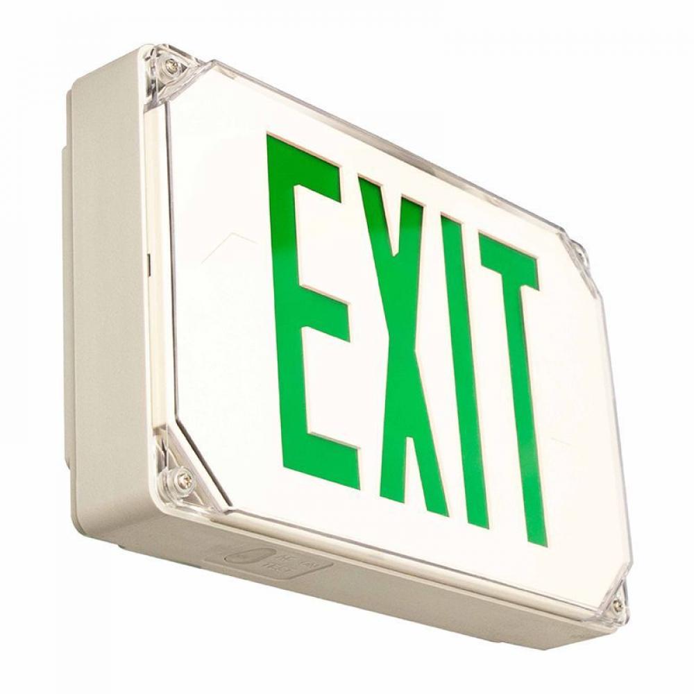 WET LOCATION LED EXIT SIGN, UNIVERSAL SINGLE/DOUBLE FACE, GREEN, GRAY HOUSING, 120/277V