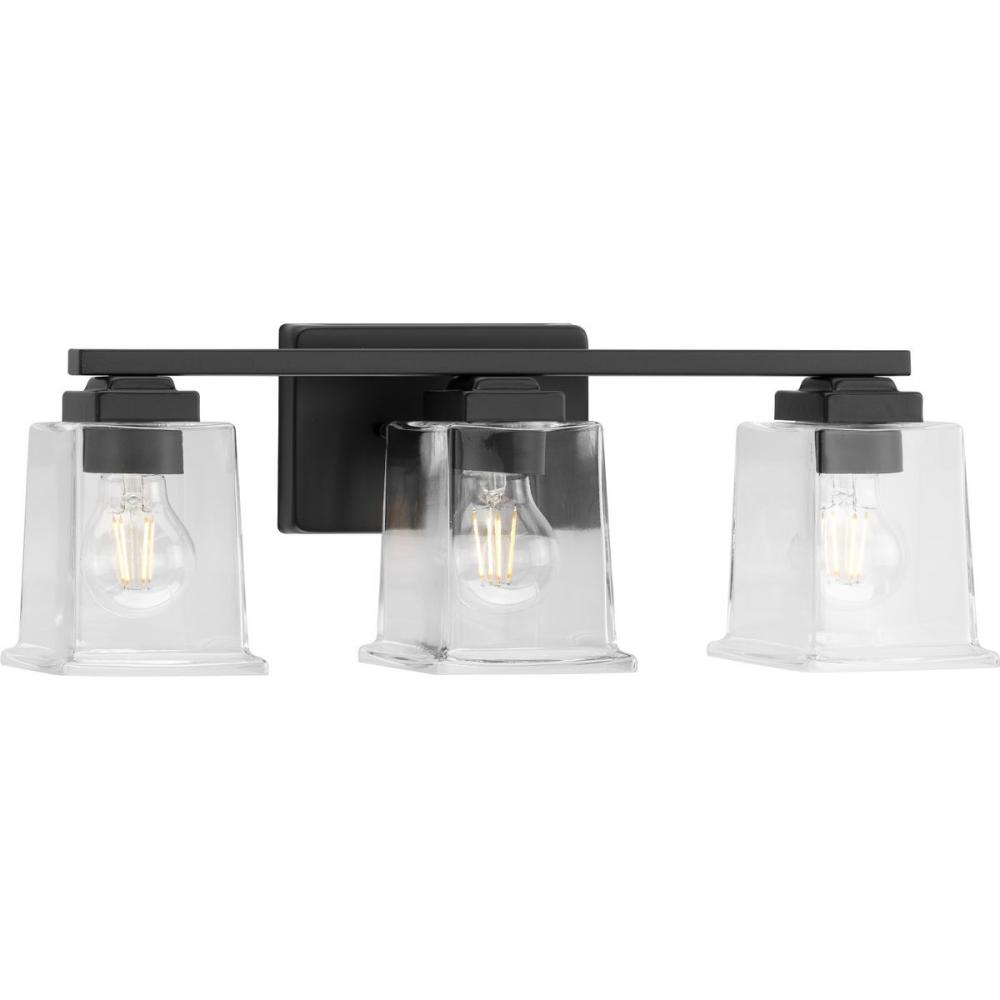 Gilmour Collection Three-Light Modern Farmhouse Matte Black Clear Glass Bath Vanity Light