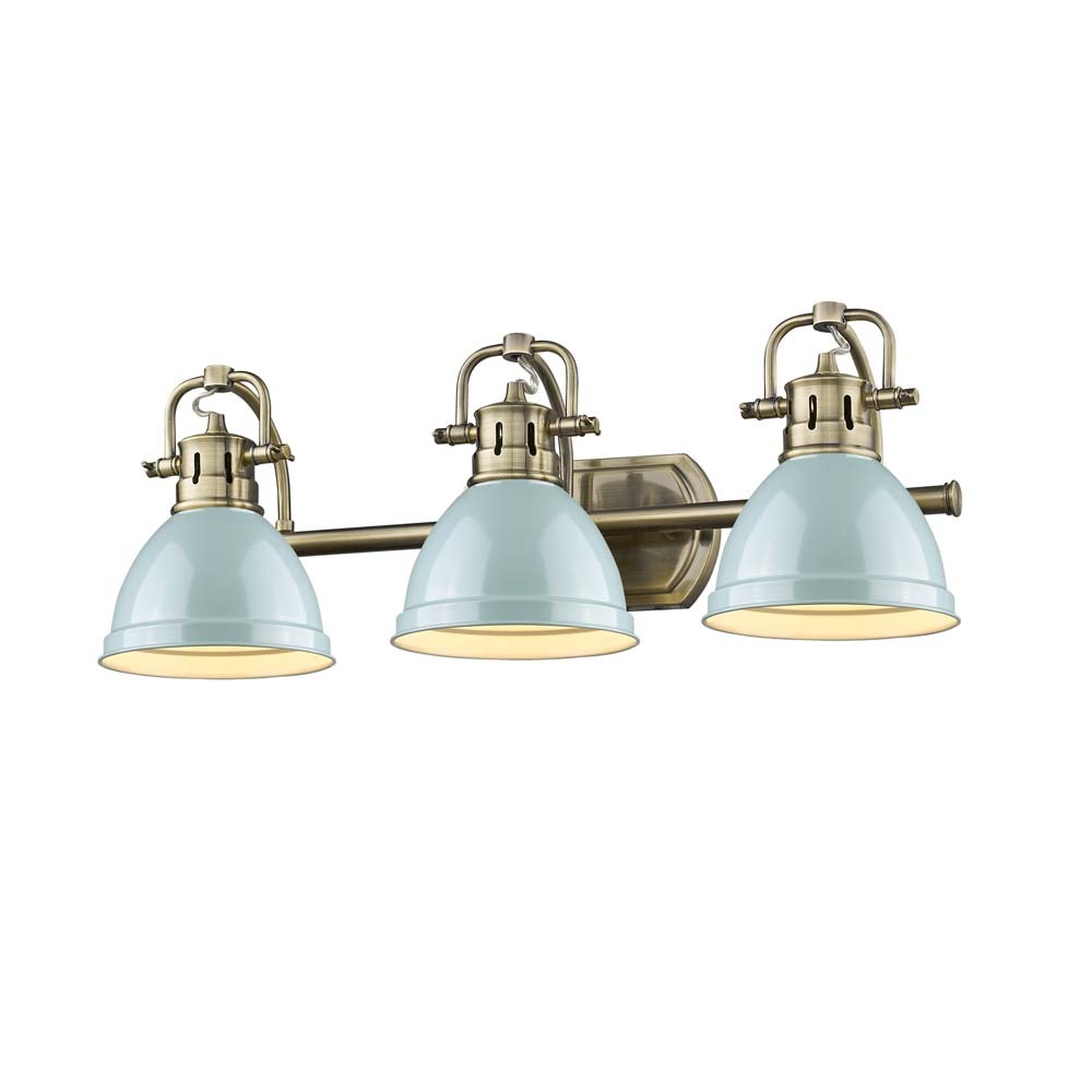 Duncan 3-Light Bath Vanity in Aged Brass with Seafoam