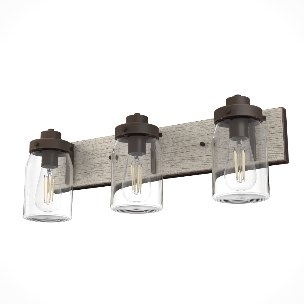 Hunter Devon Park Onyx Bengal and Barnwood with Clear Glass 3 Light Bathroom Vanity Wall Light