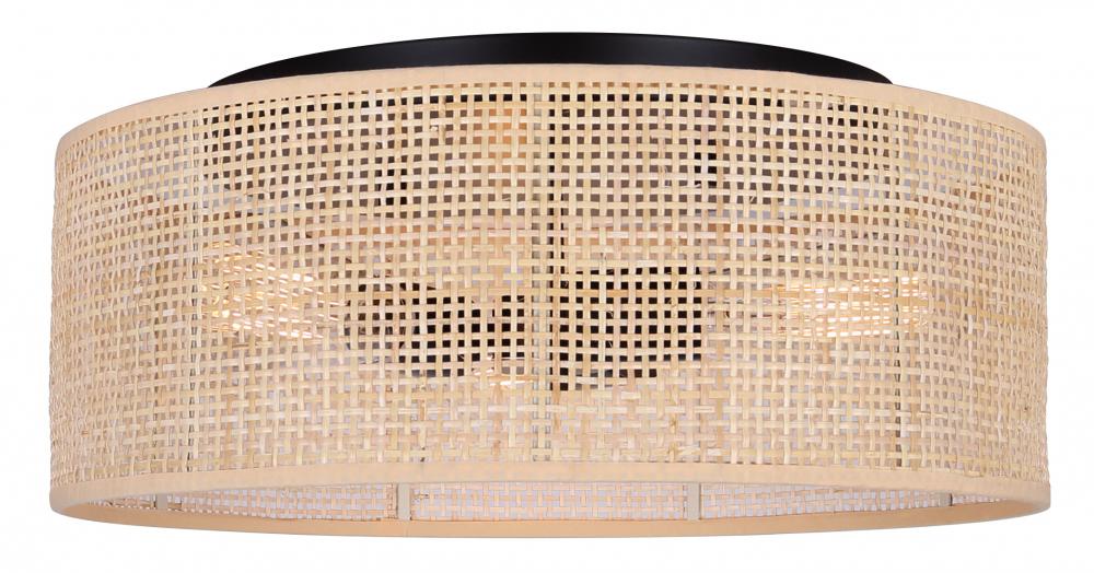 BELLAMY 16.25 in. 3-Light 60-Watt Boho Black Flush Mount with Natural Rattan Shade