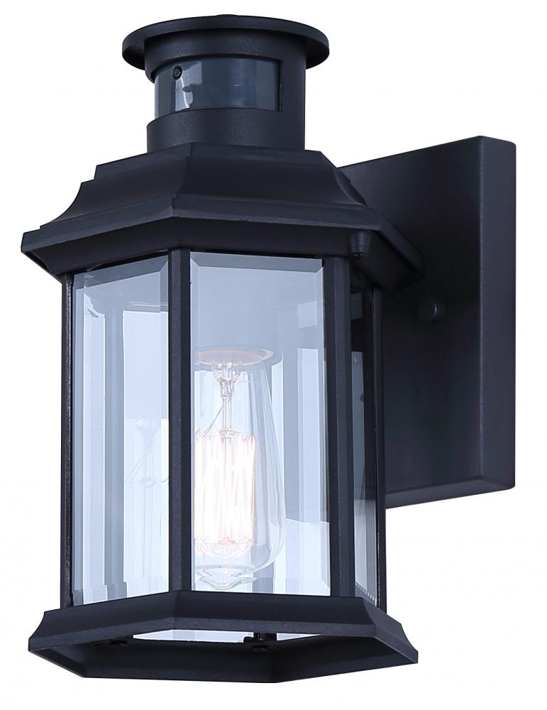 Kersley 1-Light Black Outdoor Lantern, with Clear Beveled Blass and Motion Sensor + Photocell