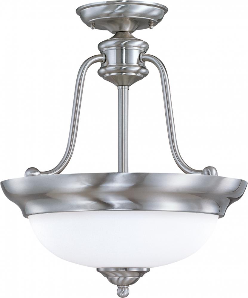 3-Light Semi-Flush Mounted Ceiling Light in Brush Nickel Finish and White Satin Glass