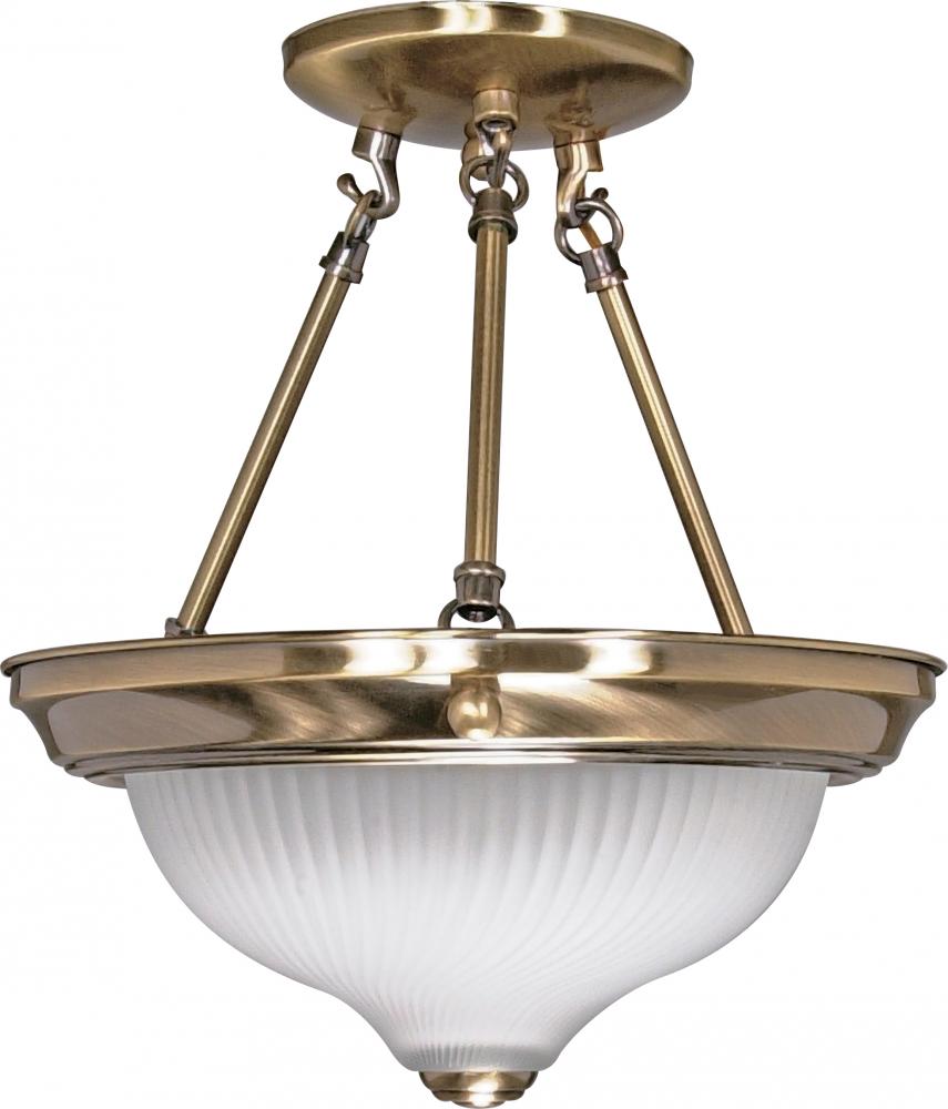 2-Light Semi Flush Mount Ceiling Light Fixture in Antique Brass Finish with Frosted Swirl Glass