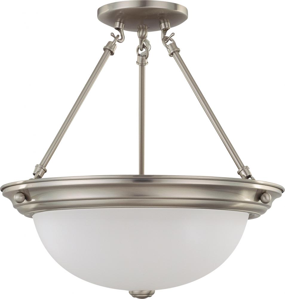 3-Light 15" Semi Flush Mount Ceiling Light in Brushed Nickel Finish with Frosted White Glass and