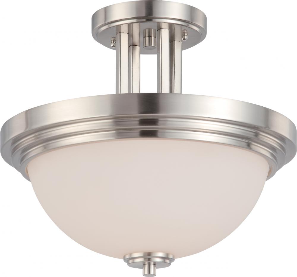 2-Light Semi Flush Mount Lighting Fixture in Brushed Nickel Finish with White Satin Glass