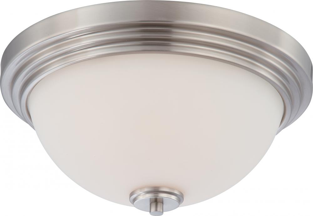 2-Light Flush Mount Lighting Fixture in Brushed Nickel Finish with White Satin Glass