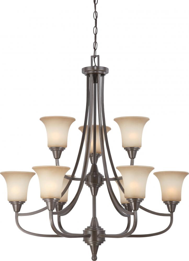 9-Light 2-Tier Large Chandelier in Vintage Bronze Finish with Auburn Beige Glass