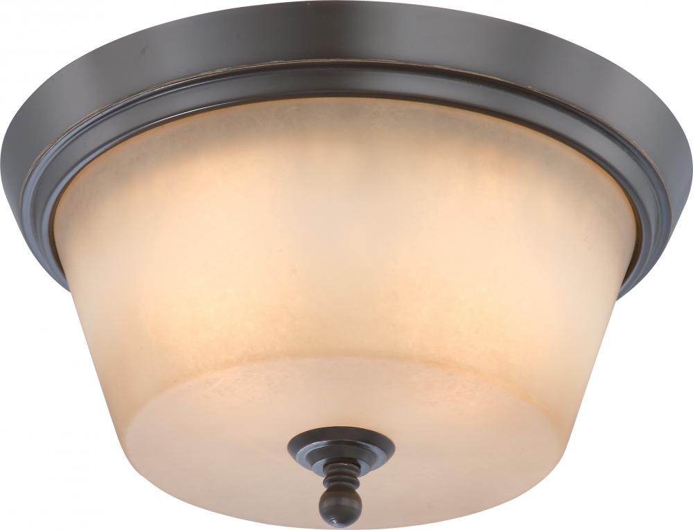 2-Light Flush Mount Ceiling Light in Vintage Bronze Finish with Auburn Beige Glass