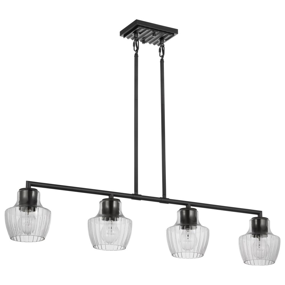 Destin; 4 Light Island Pendant; Medium Base; 60 Watt; Black And Silver Accent Finish; Clear Ribbed