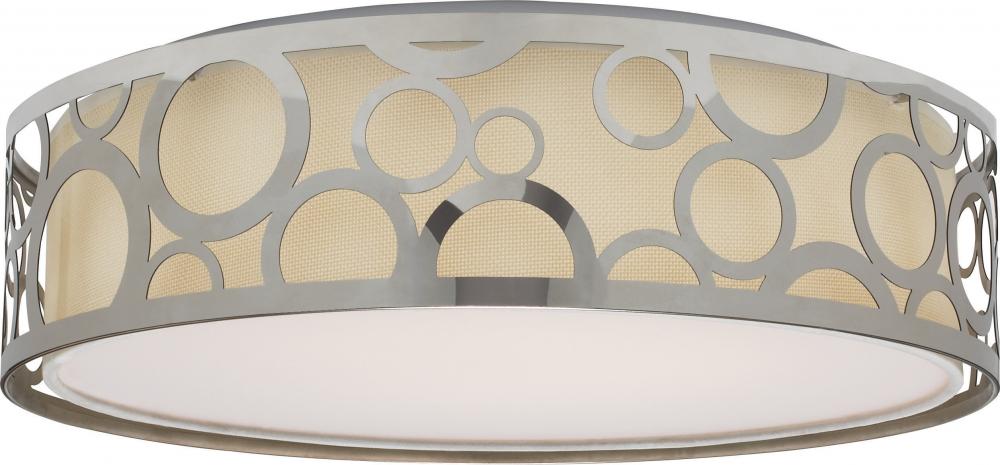 LED Decor - 15" Filigree Flush with White Fabric Shade - Polished Nickel Finish